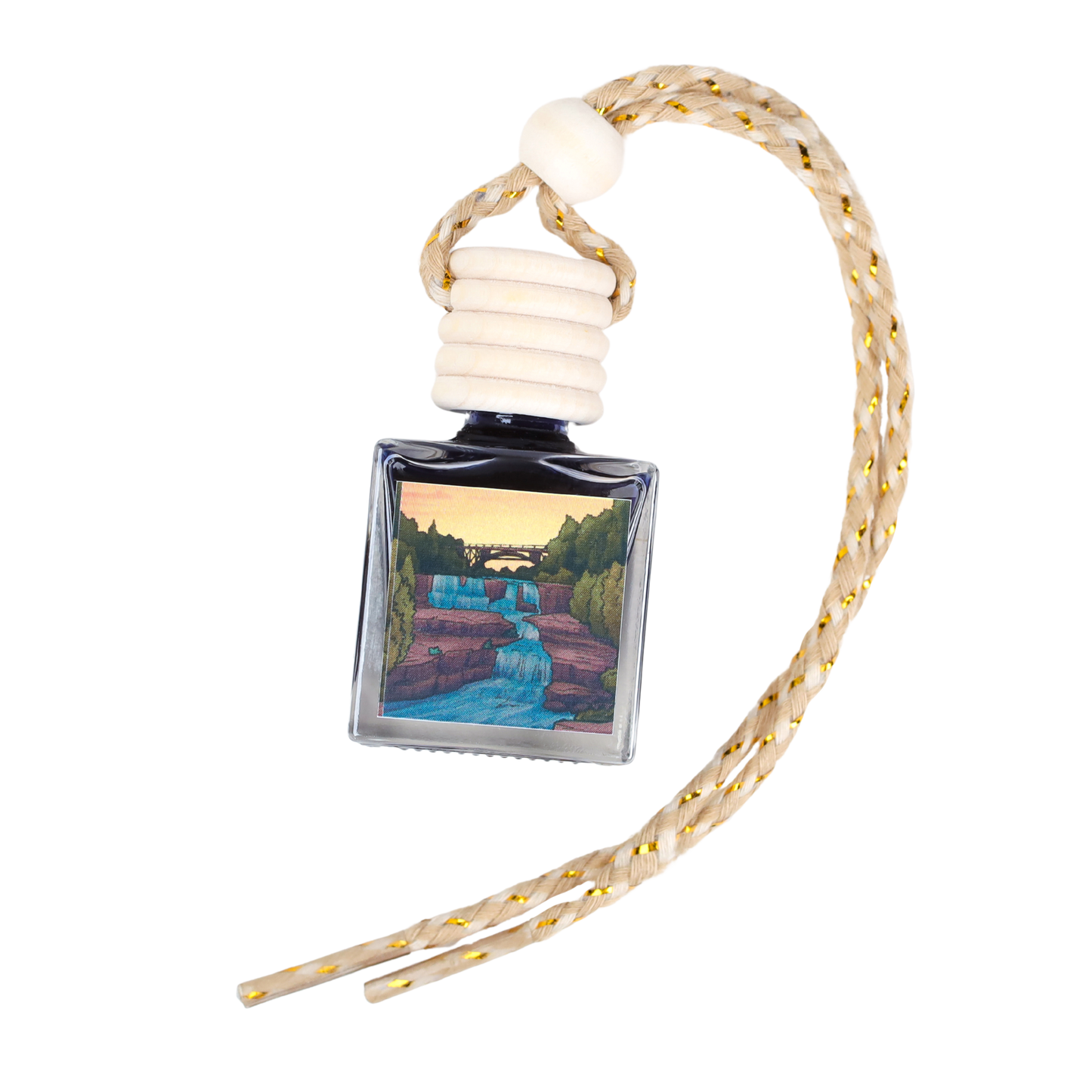 Decorative air freshener bottle with waterfall design, clear glass, and braided rope hanging strap.
