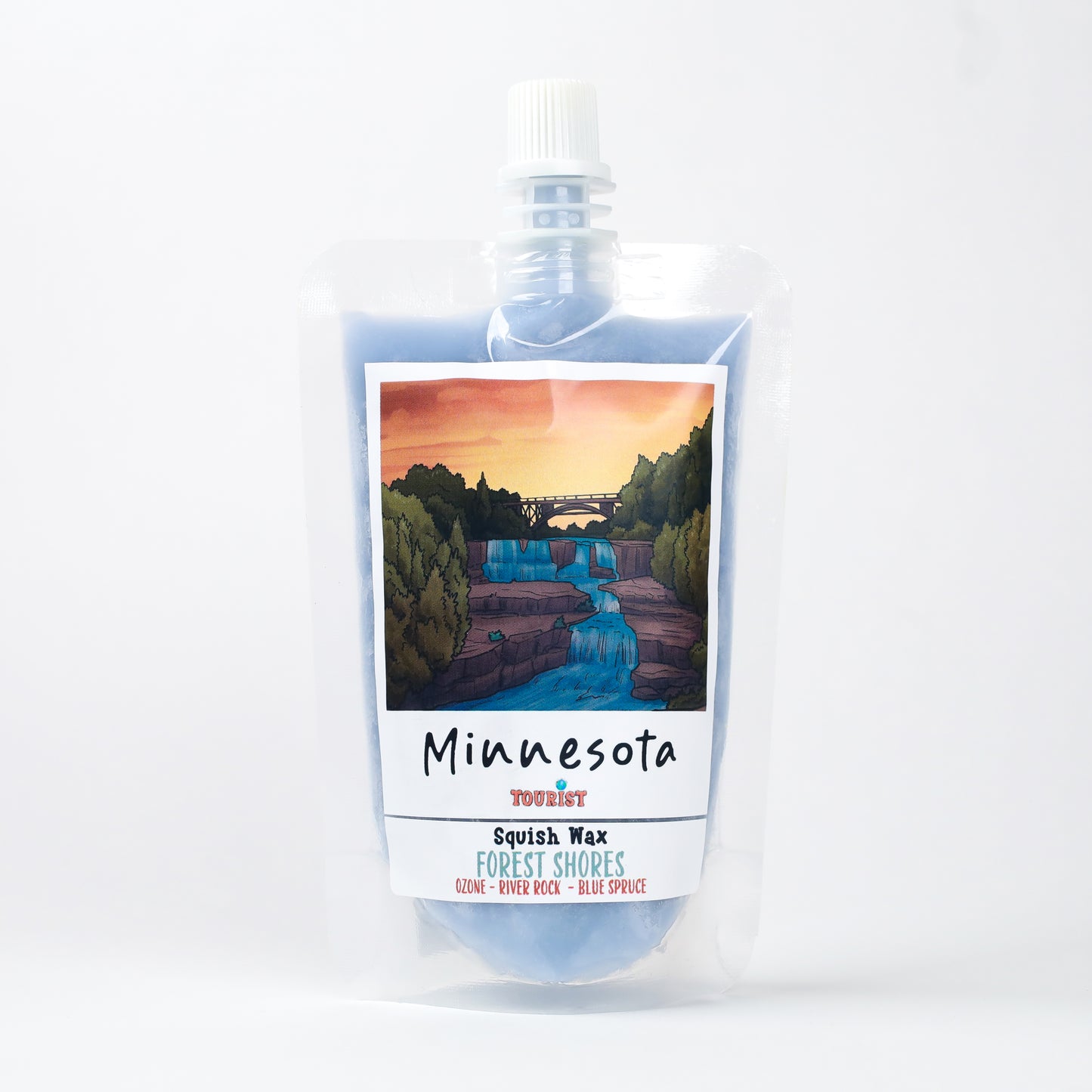 Minnesota Squish Wax in blue pouch, fragrance 'Forest Shores' featuring ozone and blue spruce.