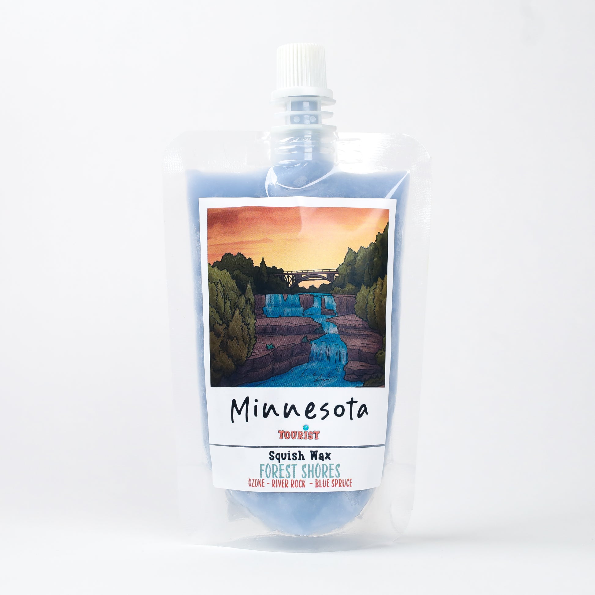 Minnesota Squish Wax in blue pouch, fragrance 'Forest Shores' featuring ozone and blue spruce.