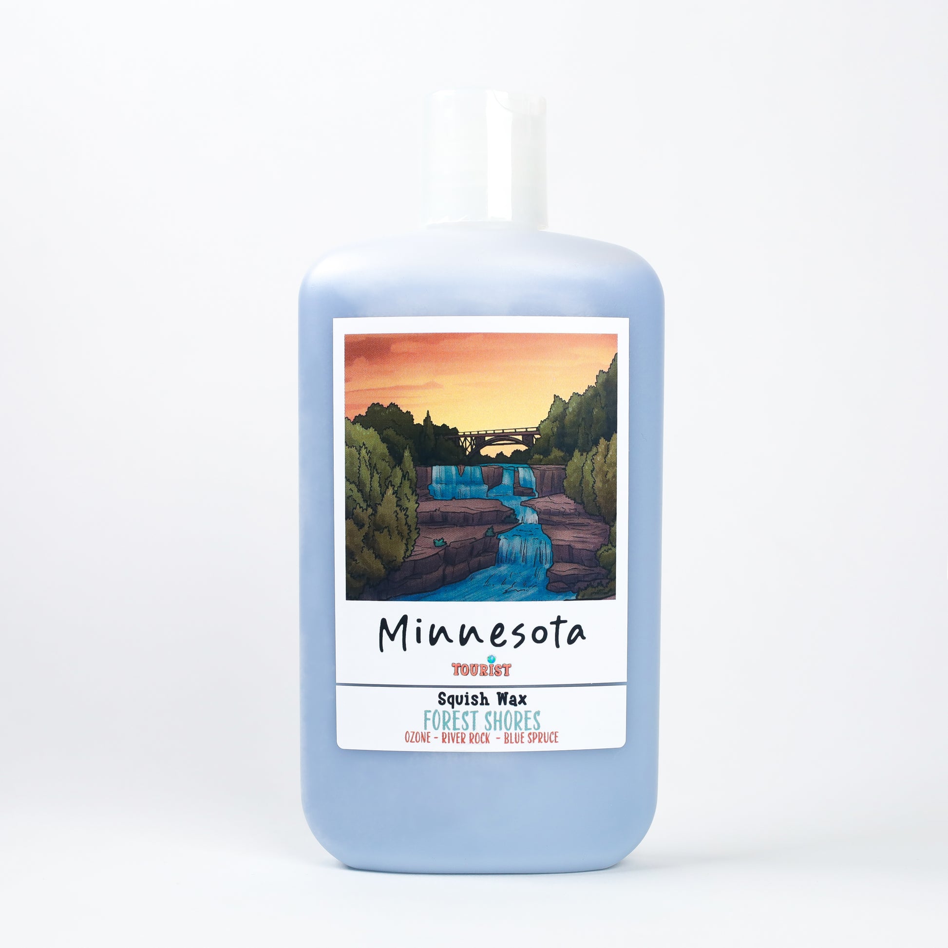 Minnesota Squish Wax in blue bottle, features Forest Shores scent with ozone, river rock, and blue spruce notes.