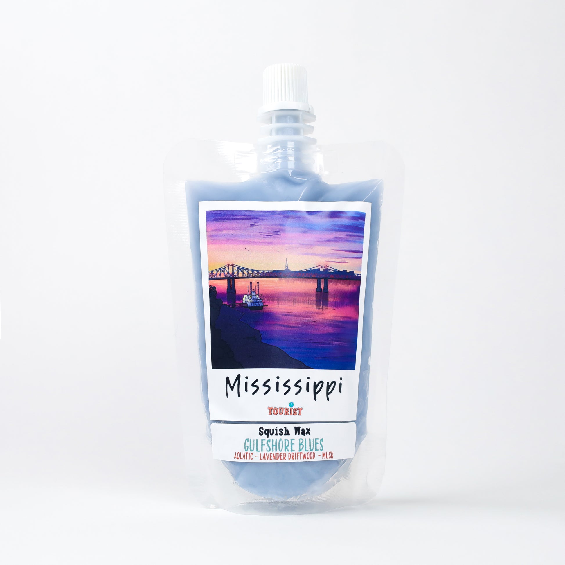 Gulfshore Blues squish wax in blue pouch with aquatic lavender driftwood musk scent, featuring Mississippi design.
