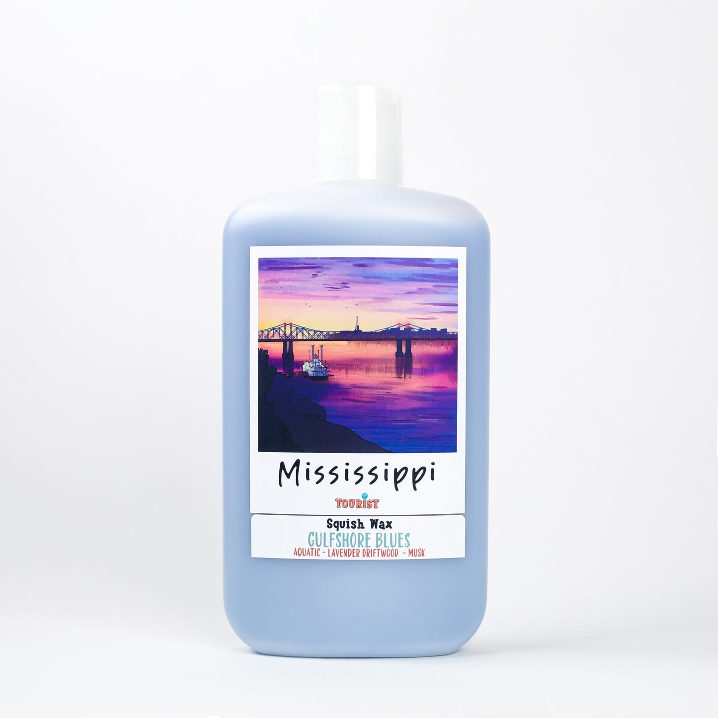 Mississippi Squish Wax in blue bottle, featuring Gulfshore Blues scent with aquatic, lavender, and musk notes.