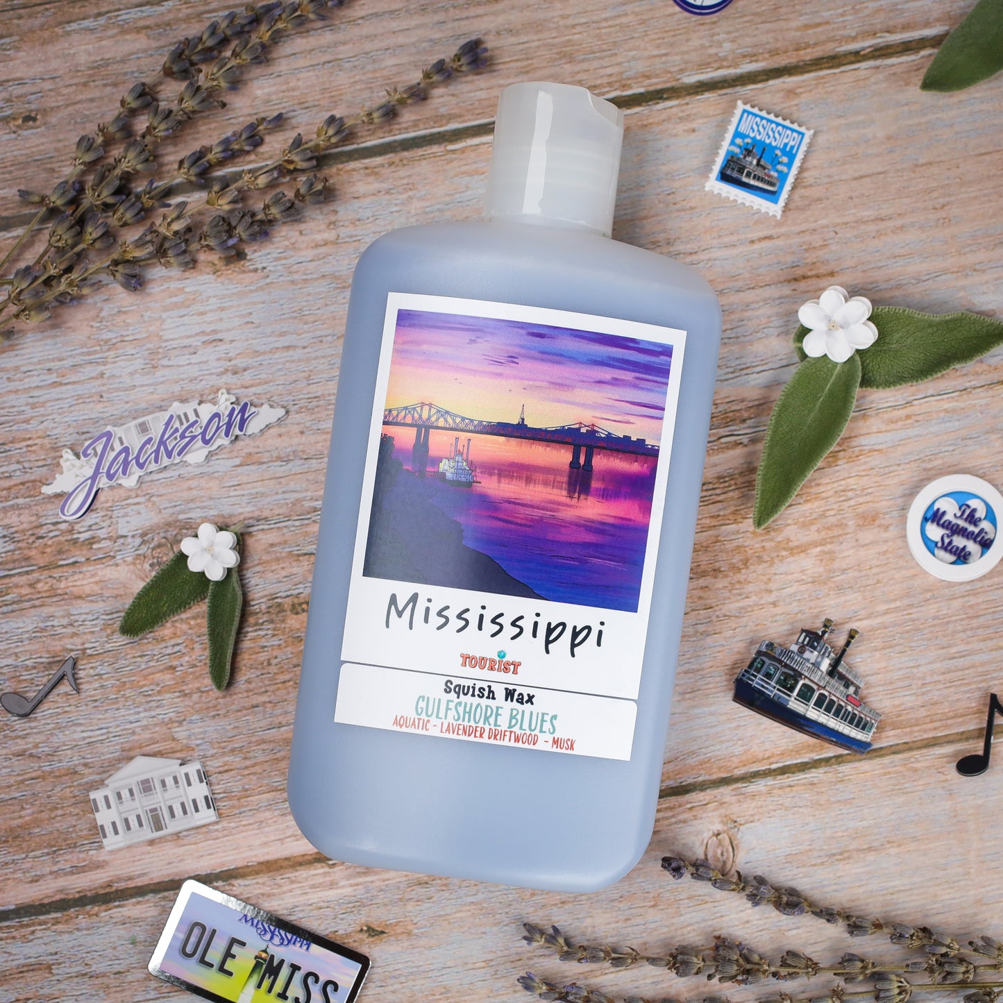 Mississippi Squish Wax in Gulfshore Blues scent, aquatics and lavender driftwood fragrance, 12 oz bottle.