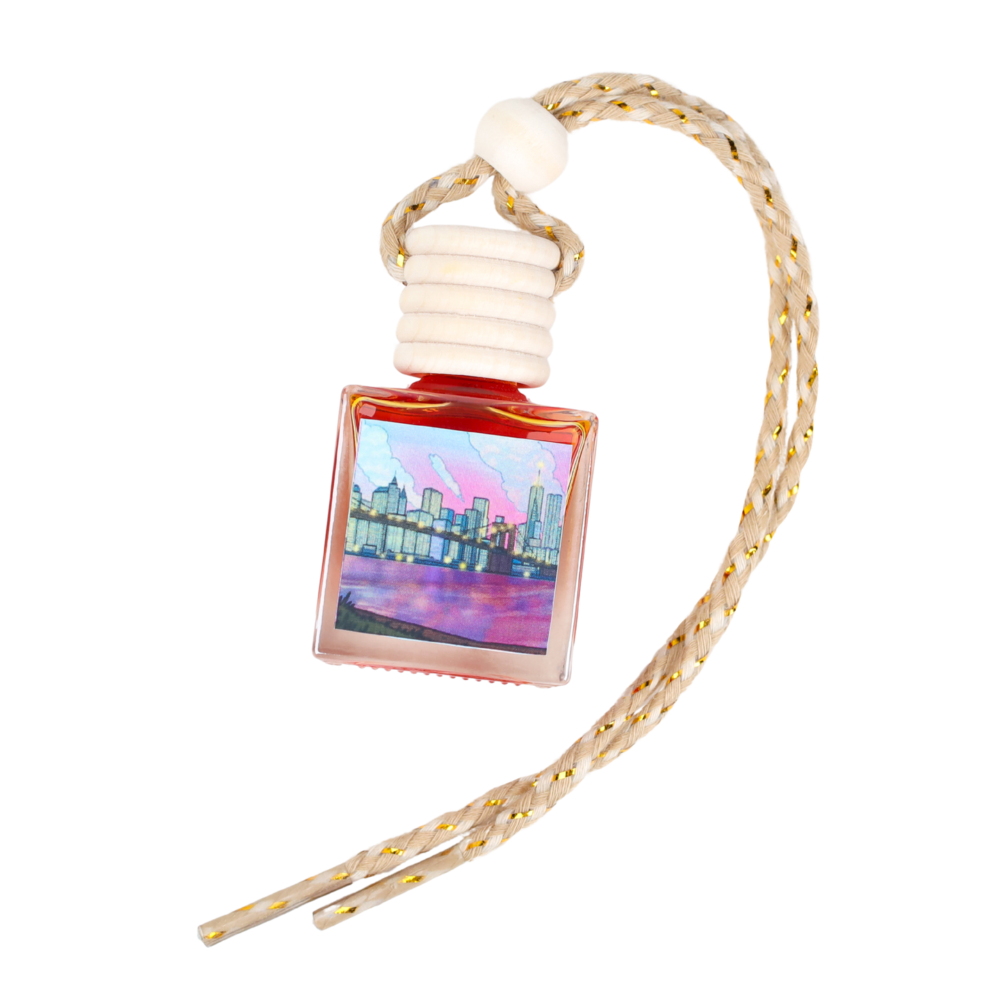 Artistic city skyline car air freshener in a pink glass bottle with a braided cord.