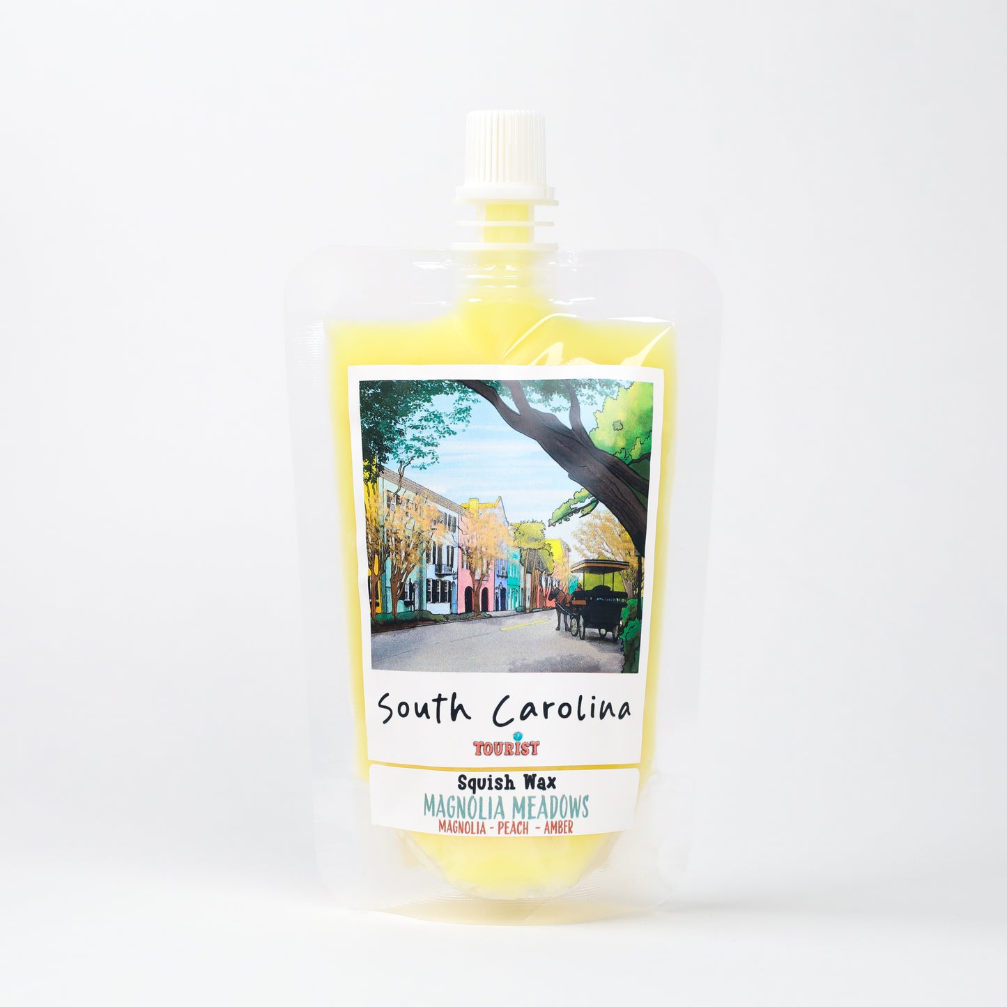 South Carolina Squish Wax in yellow pouch, featuring Magnolia Meadows scent with peach and amber notes.
