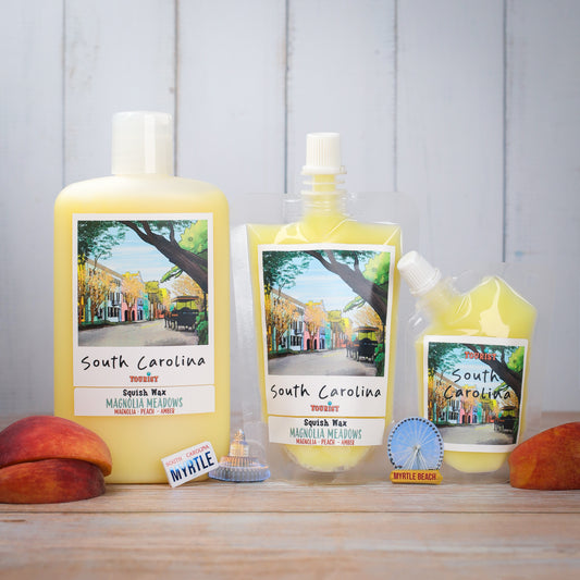 South Carolina Squish Wax in yellow, featuring Magnolia Meadows scent, available in three sizes.