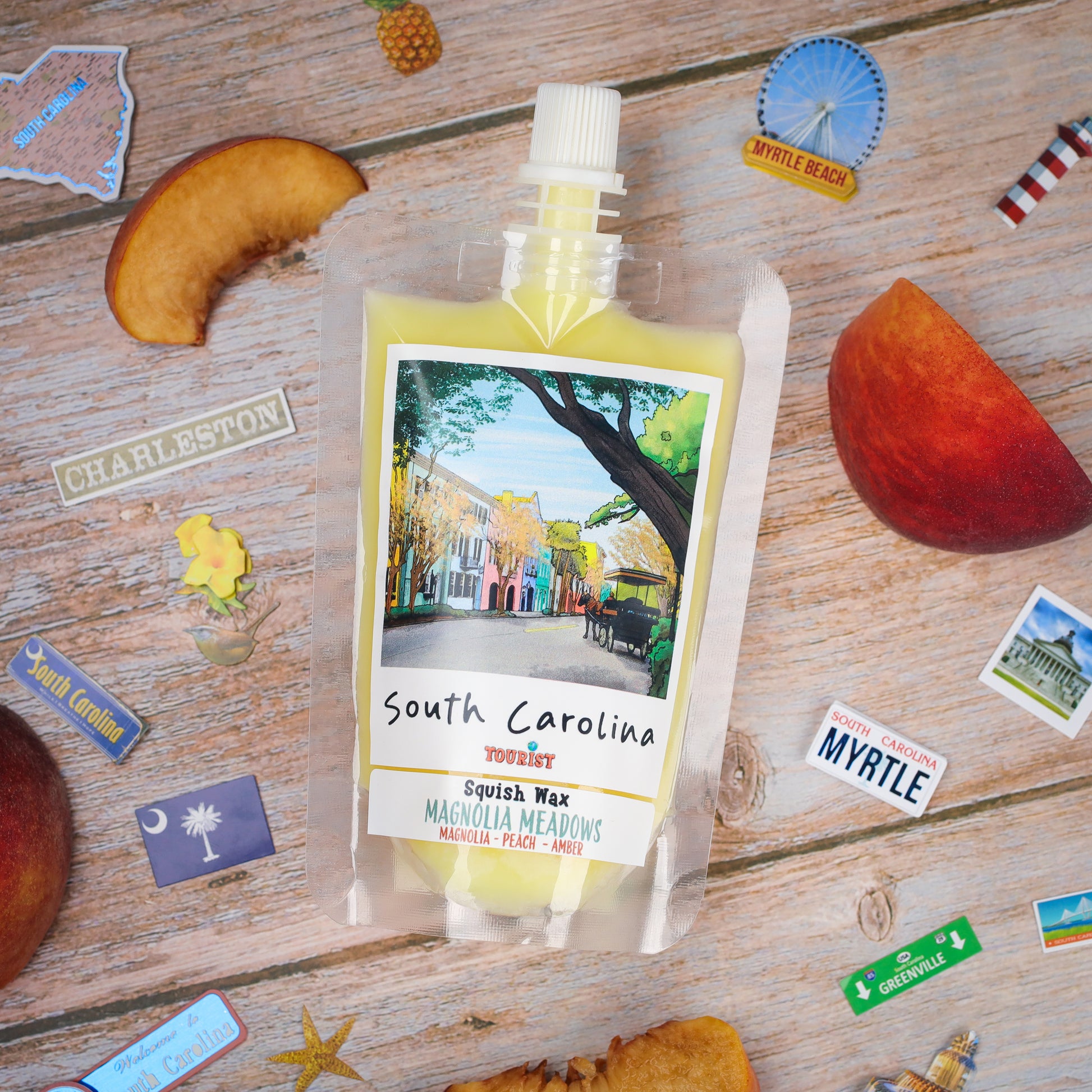 South Carolina Squish Wax in pouch, Magnolia Meadows scent with peach and amber notes, tourist collectible.