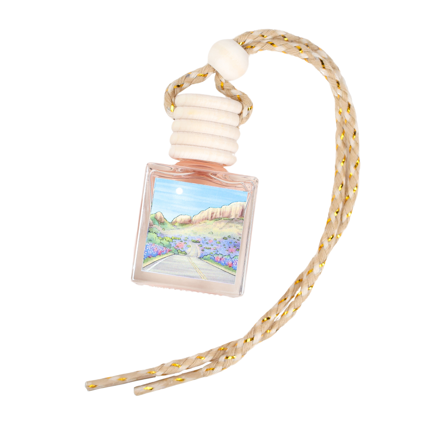 Nature-inspired air freshener in a glass bottle with a colorful floral design and braided cord.