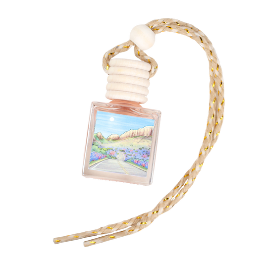 Nature-inspired air freshener in a glass bottle with a colorful floral design and braided cord.