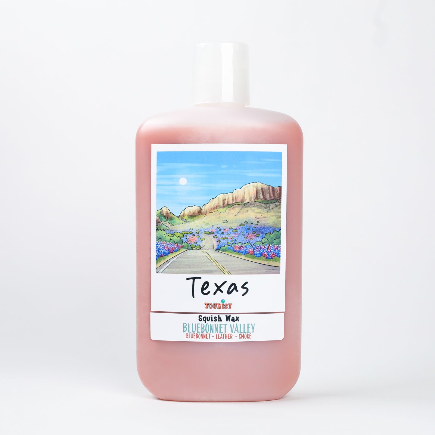 Texas Squish Wax in pink, featuring Bluebonnet Valley scent: bluebonnet, leather, and smoke.