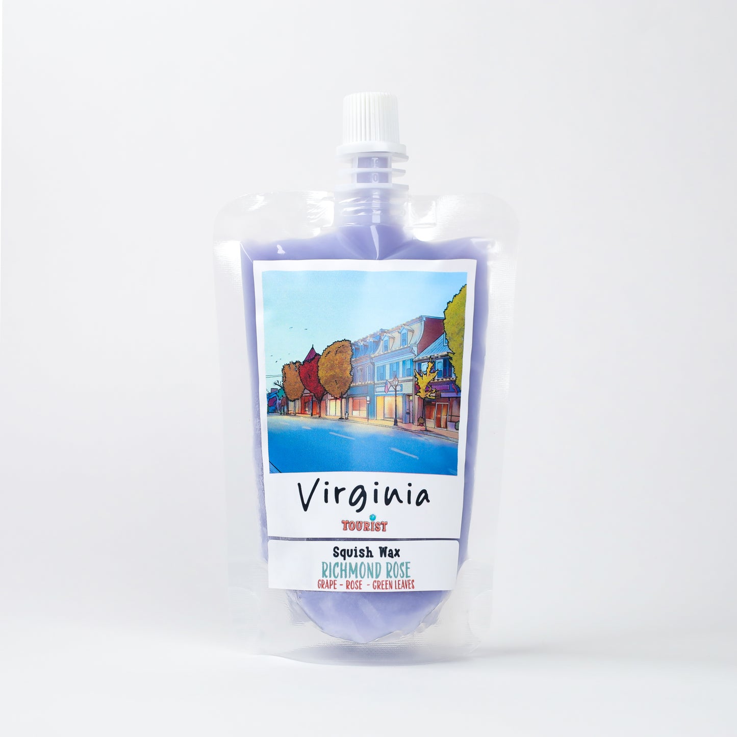 Virginia Squish Wax in purple pouch, featuring Richmond Rose scent with grape, rose, and green leaves notes.