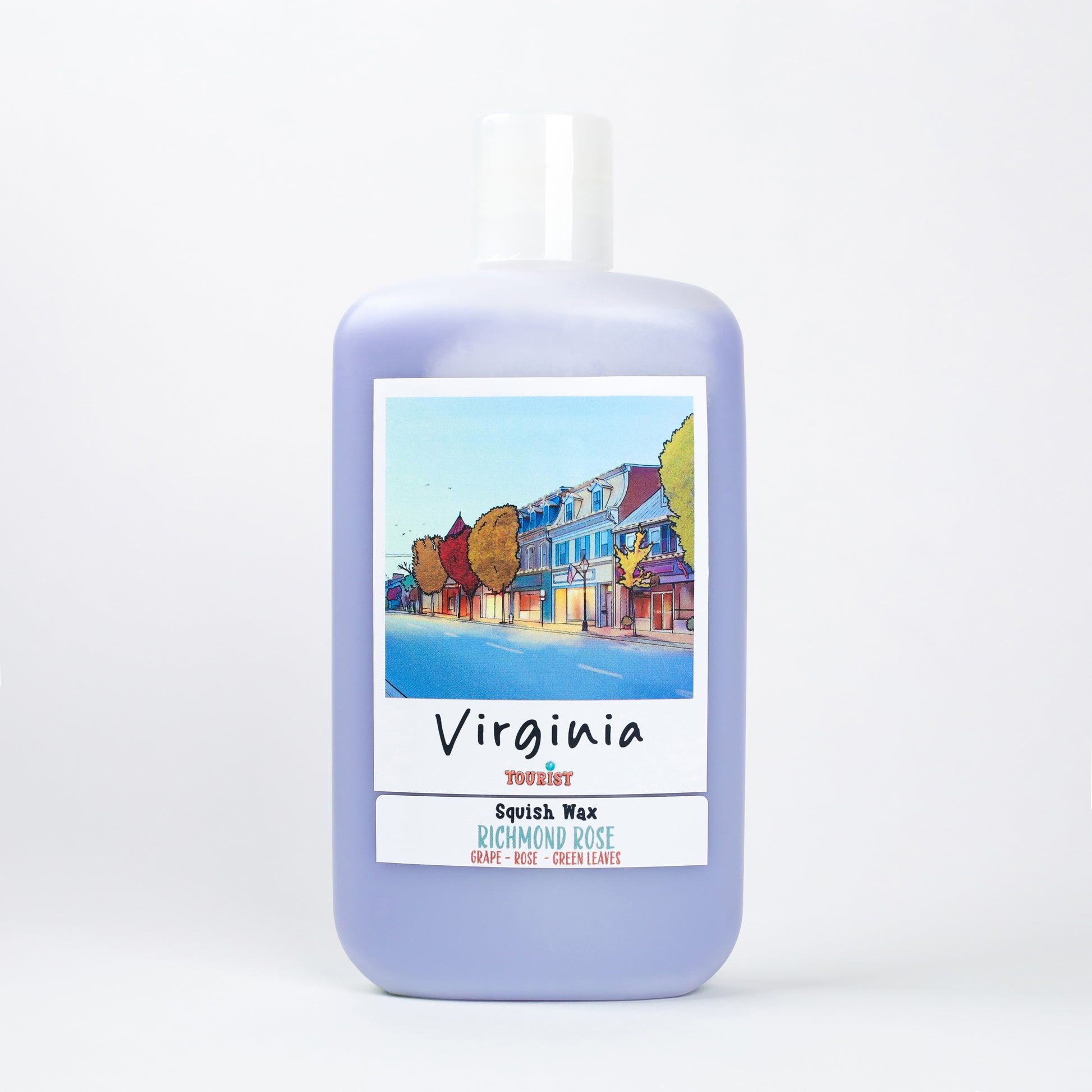 Richmond Rose Squish Wax in lavender bottle, featuring grape, rose, and green leaves fragrance.