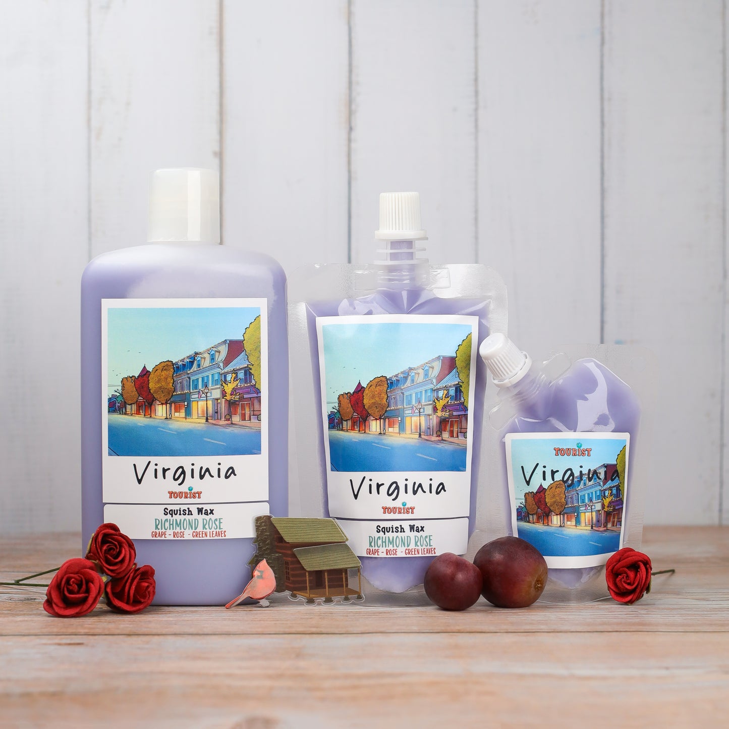 Virginia Squish Wax in Richmond Rose, lavender color, featuring grape, rose, and green leaves scents.