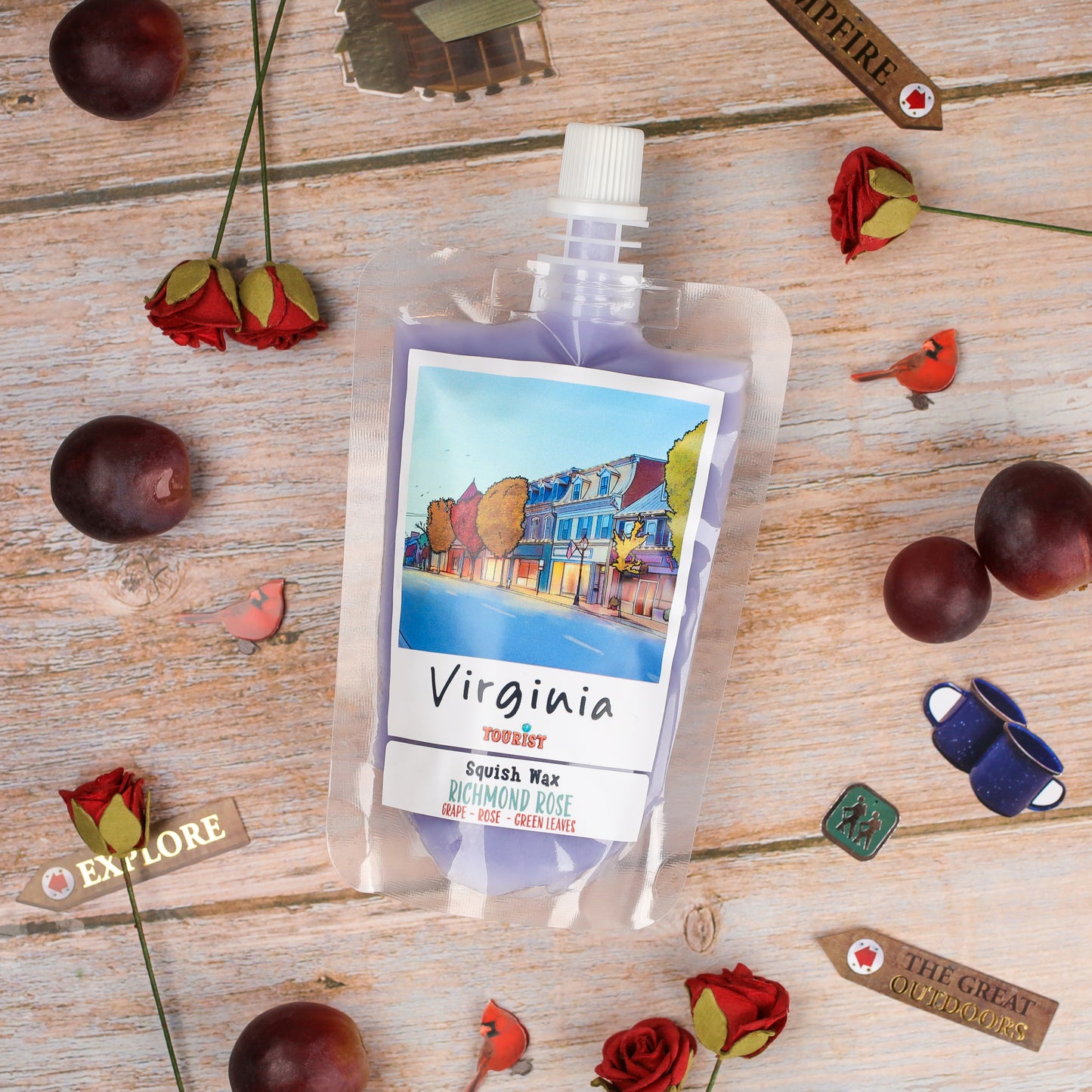 Virginia Tourist Squish Wax in Richmond Rose scent, featuring grape, rose, and green leaves aroma.