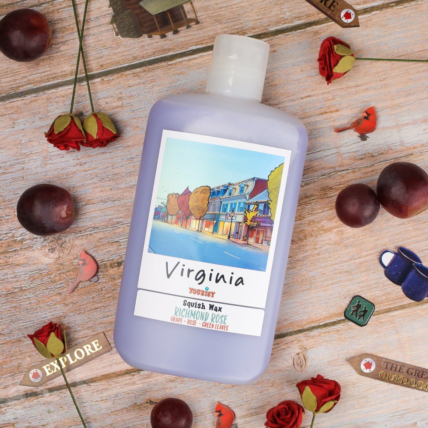 Virginia Squish Wax in lavender, featuring Richmond Rose scent with grape, rose, and green leaf notes.