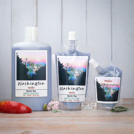 Washington Squish Wax in three sizes, Winter Orchards scent, apple and jasmine, stylish packaging.