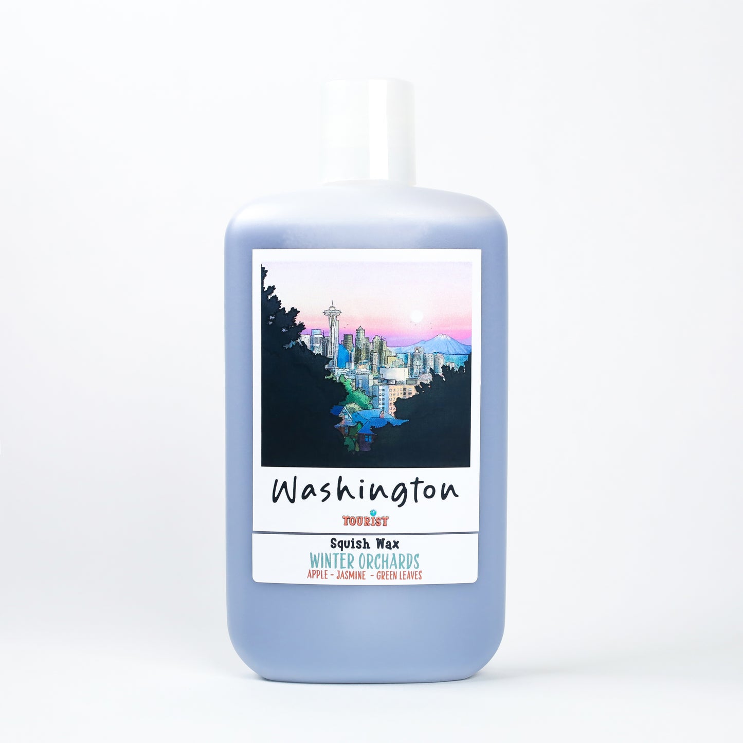 Washington Squish Wax in lavender bottle, scent: Winter Orchards with apple, jasmine, and green leaves.