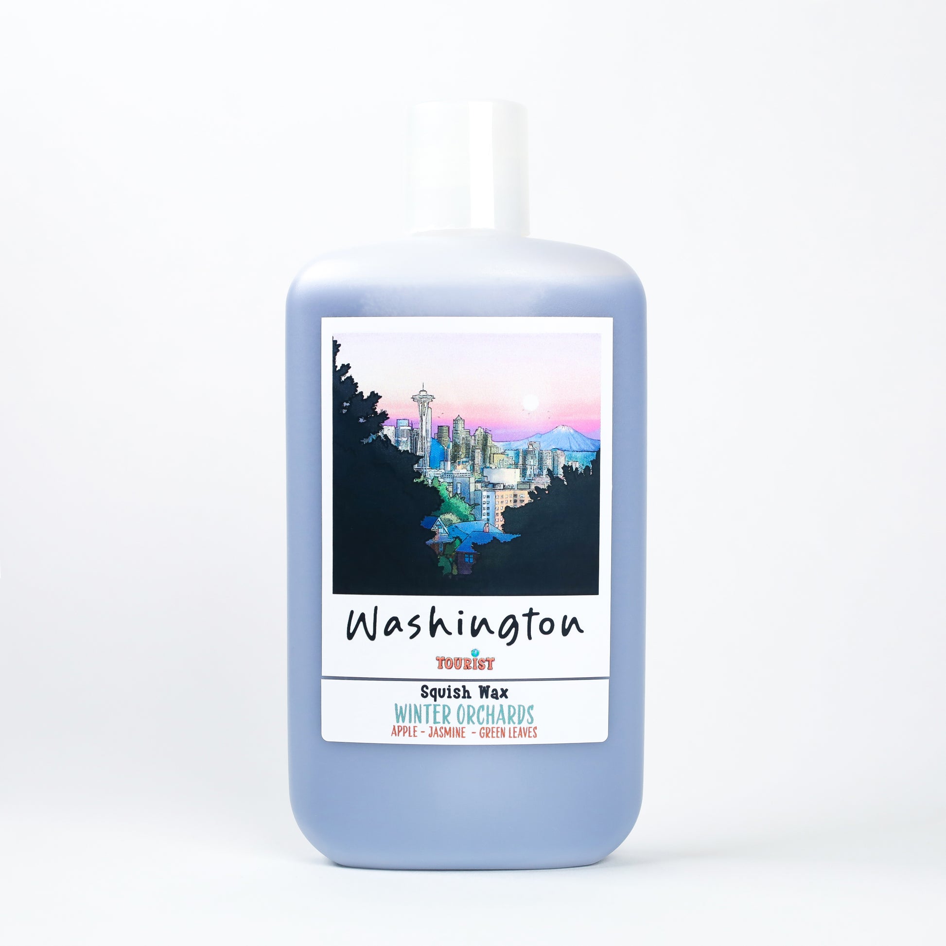 Washington Squish Wax in lavender bottle, scent: Winter Orchards with apple, jasmine, and green leaves.